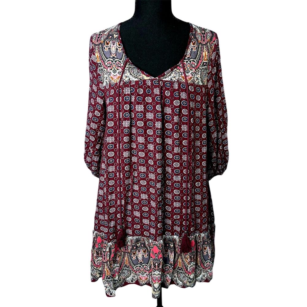 Womens Boho Mixed Media Mini Dress Sz S Peasant Flowy Puff Sleeve Festival Tunic